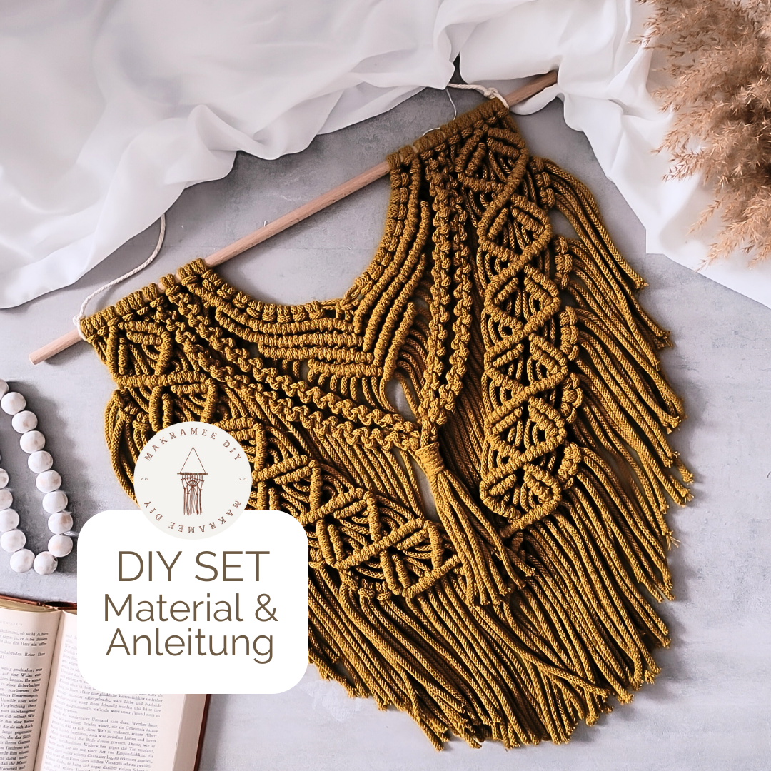 Makramee DIY Set Wandbehang Senfgelb – Material & Anleitung | Boho Statement Deko selber machen